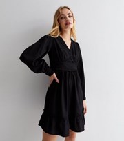 New Look Black V Neck Long Sleeve Frill Mini Dress